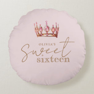 Sweet 16 Blush Pink and Gold Birthday Round Pillow