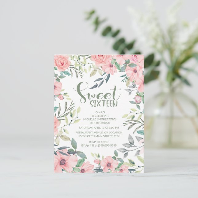 Sweet 16 Blush Pink Flowers Sage Green Leaves Postcard (Standing Front)