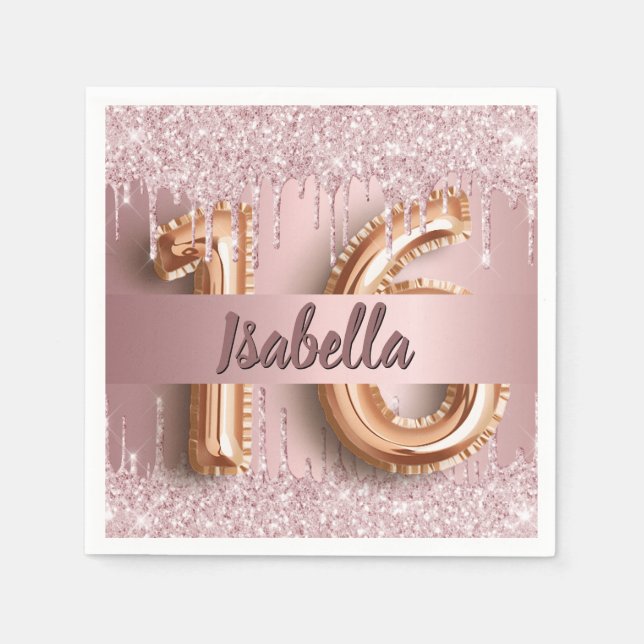 Sweet 16 blush pink glitter drips name napkin (Front)