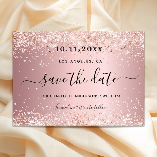 Sweet 16 blush pink glitter party save the date (Creator Uploaded)
