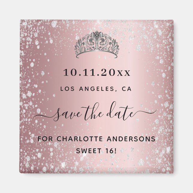 Sweet 16 blush pink glitter tiara save the date magnet (Front)