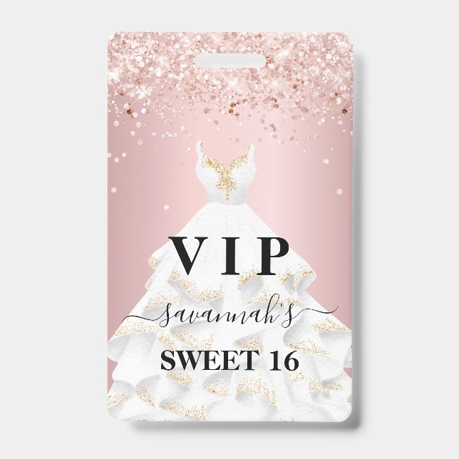 Sweet 16 blush pink rose glitter dust name vip badge (Front)