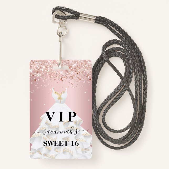 Sweet 16 blush pink rose glitter dust name vip badge (Front with Lanyard)