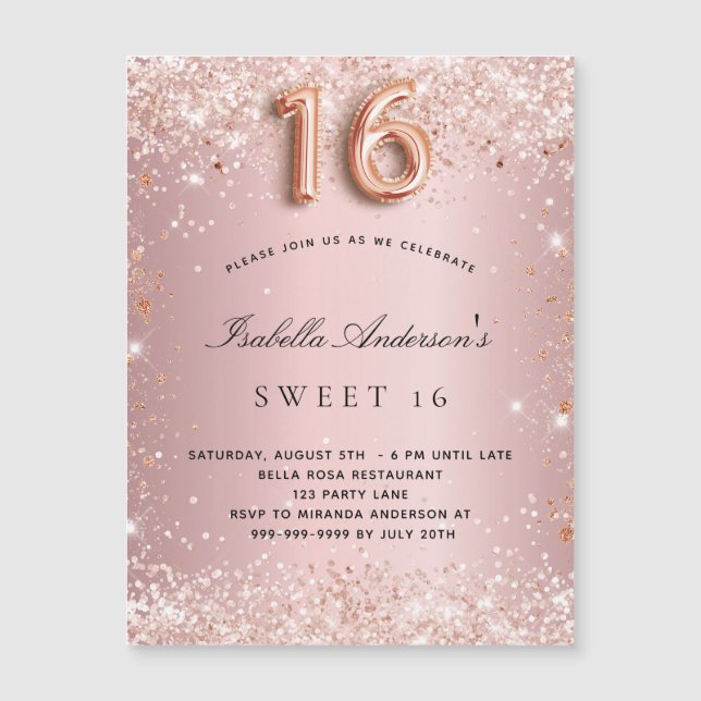Sweet 16 blush pink rose glitter magnet invitation (Front)