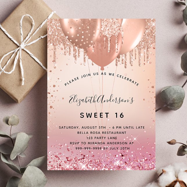 Sweet 16 blush pink rose gold balloons invitation postcard (Creator Uploaded)