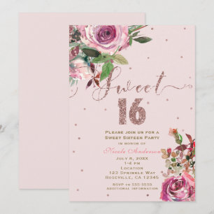 SWEET 16 Blush Pink Rose Gold Floral Modern Party Invitation