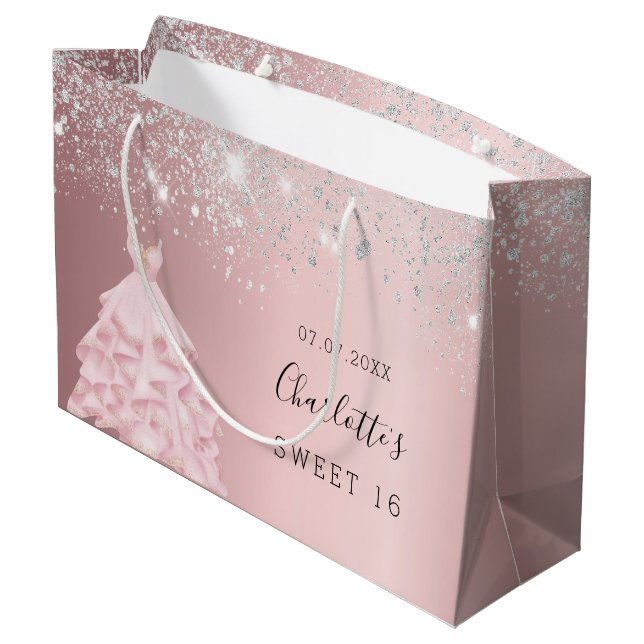 Sweet 16 blush pink silver glitter dress large gift bag (Back Angled)