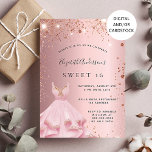 Sweet 16 blush pink sparkle dress invitation<br><div class="desc">A modern,  stylish and glamourous invitation for a Sweet 16,  16th birthday party.  A blush pink background with rose gold sparkles and a pink dress.  The name is written with a hand lettered style script.  Personalize and add your party details.</div>