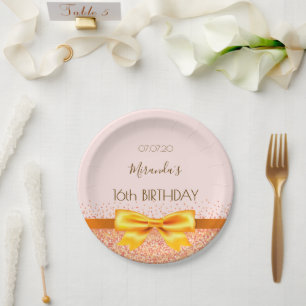 Sweet 16 blush rose gold bow name paper plate