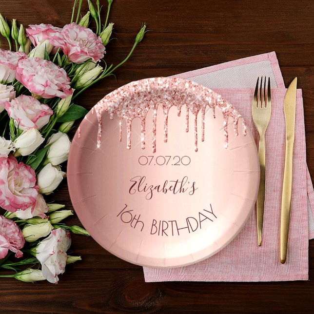 Sweet 16 blush rose gold drips name paper plate (Creator Uploaded)