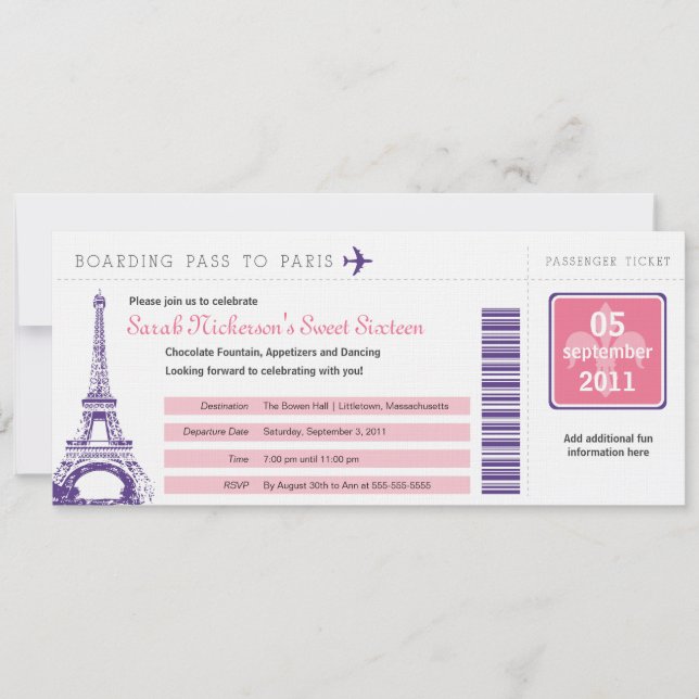 Sweet 16 Boarding Pass to Paris Invitation (Front)