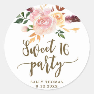 sweet 16 boho floral pink favour sticker