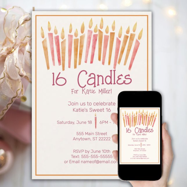 Sweet 16 bougies roses Invitation (Créateur téléchargé)