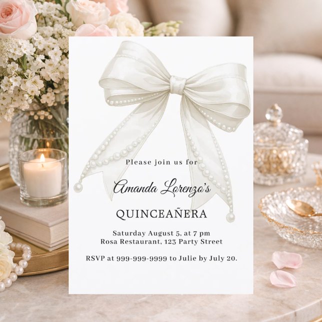 Sweet 16 bow ivory white pearls elegant invitation (Creator Uploaded)