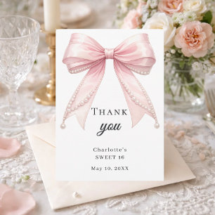 Sweet 16 bow pink pearls thank you card