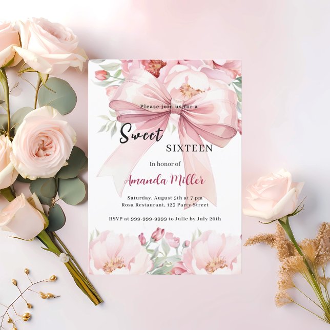 Sweet 16 bow pink watercolor florals invitation (Creator Uploaded)