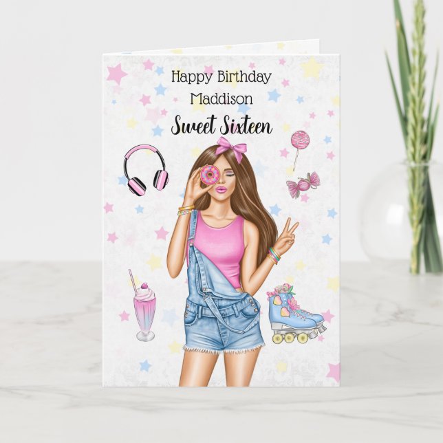 Sweet 16 Brunette Roller Girl Bonne carte d'annive (Devant)