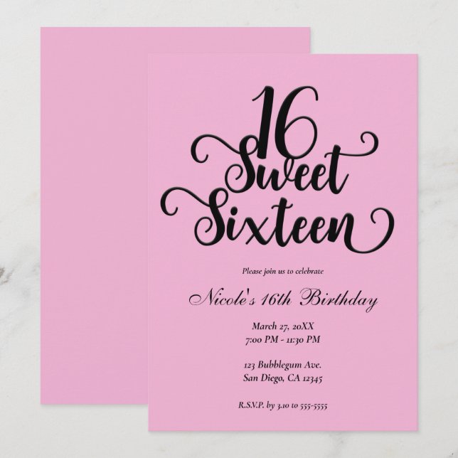 Sweet 16 Bubblegum Pink & Black Birthday Party   Invitation (Front/Back)