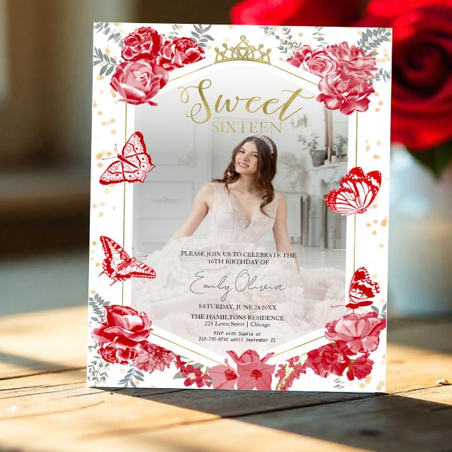 Sweet 16 Budget Photo Invitation Red Butterfly  (Creator Uploaded)
