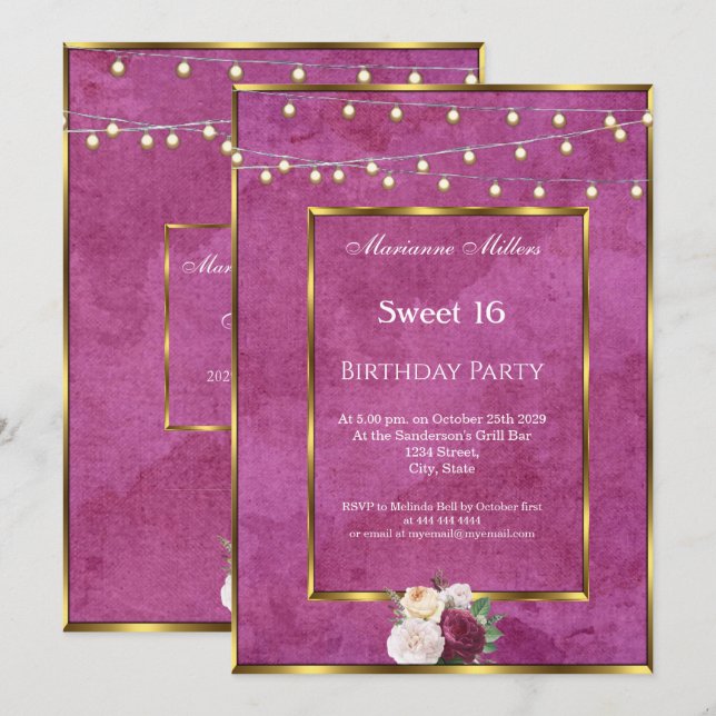 Sweet 16 Burgundy Gold Fairy Lights Roses  Invitation (Front/Back)
