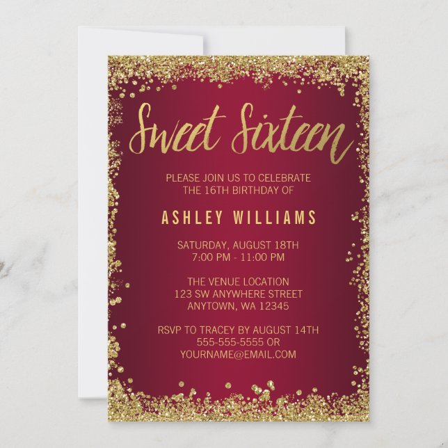 Sweet 16 Burgundy Gold Glitter Birthday Invitation (Front)