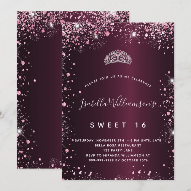 Sweet 16 burgundy pink glitter tiara invitation (Front/Back)