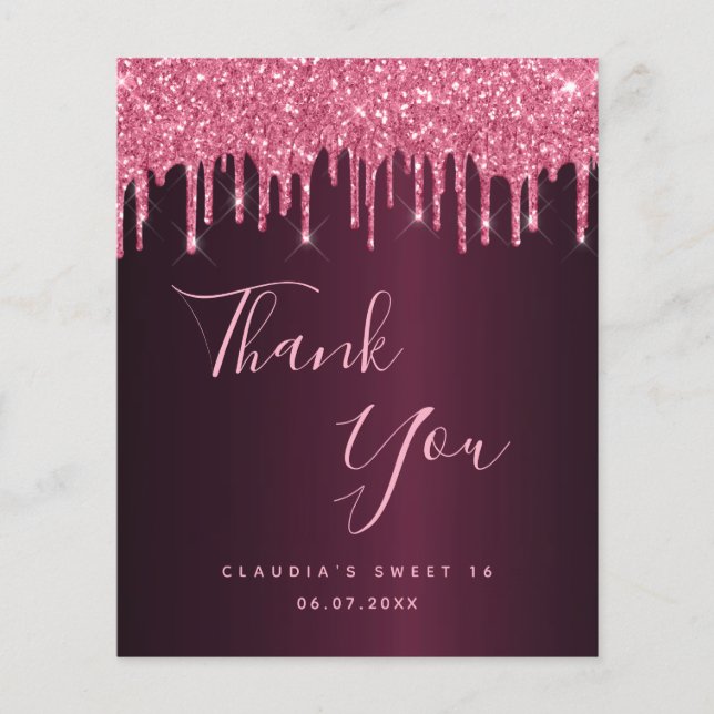 Sweet 16 burgundy pink name thank you card (Front)