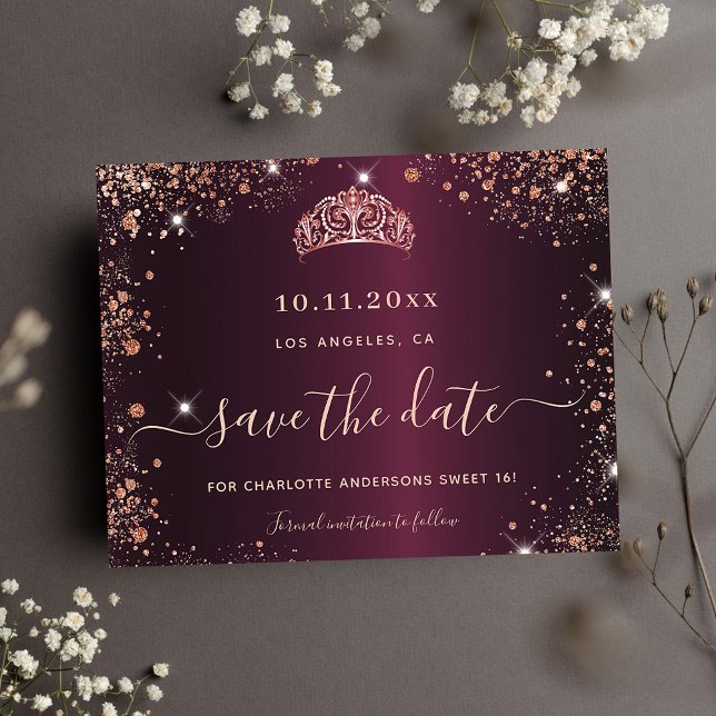 Sweet 16 burgundy rose gold glitter dust tiara invitation postcard (Creator Uploaded)