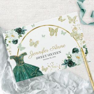 Sweet 16 Butterfly Flowers Emerald Green Dress Guest Book