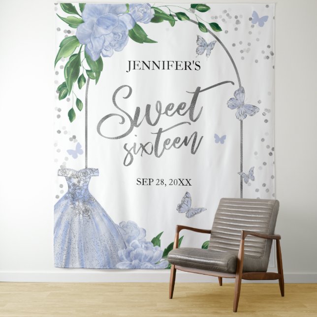 Sweet 16 Butterflys Dusty Blue Gown Backdrop Tapestry (In Situ)