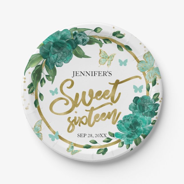 Sweet 16 Butterflys Emerald Green Gown Paper Plate (Front)