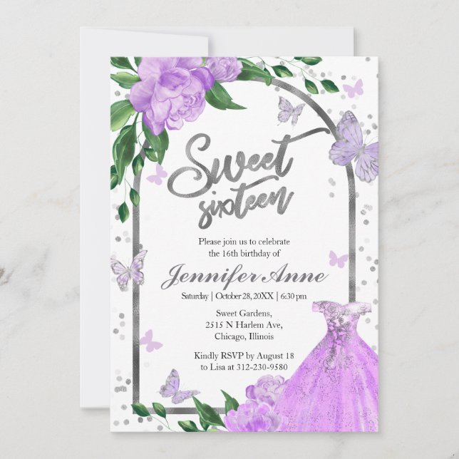 Sweet 16 Butterflys Lavender Gown Invitation (Front)