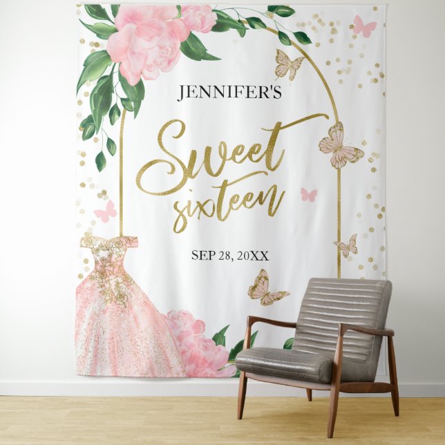 Sweet 16 Butterflys Pink Blush Gown Backdrop Tapestry (In Situ)