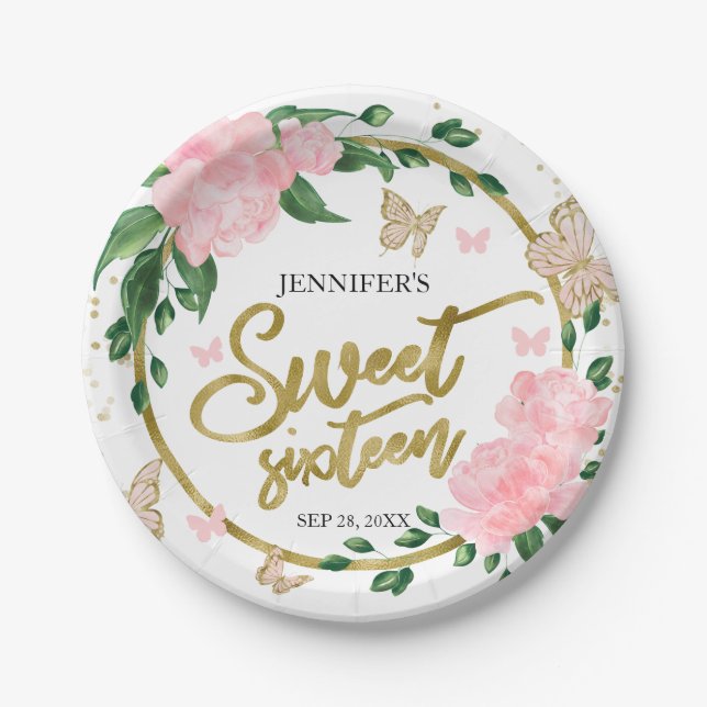 Sweet 16 Butterflys Pink Blush Gown Paper Plate (Front)