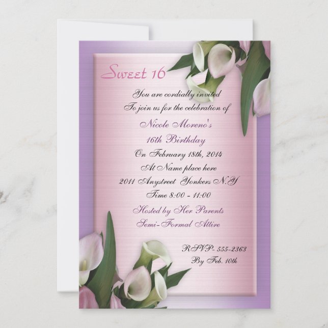 Sweet 16 calla lily invitation d'anniversaire élég (Devant)