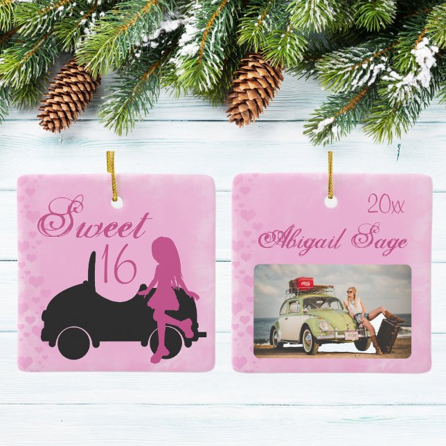 Sweet 16 Car Personalized Photo Pink Christmas Ceramic Ornament (Creator Uploaded)