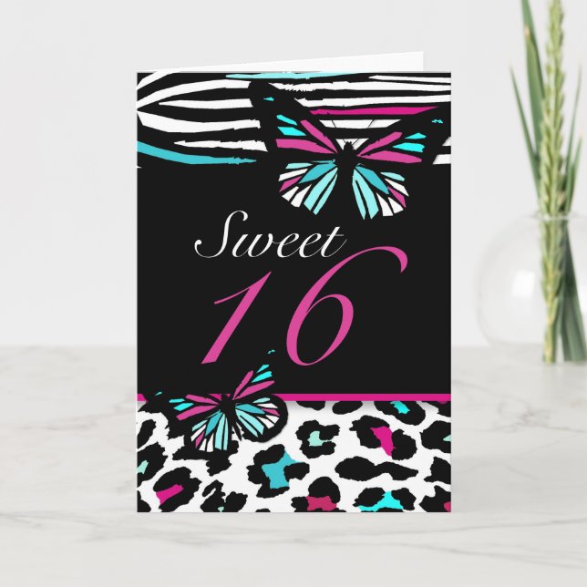 Sweet 16 Card Butterfly, Leopard & Zebra Print (Front)