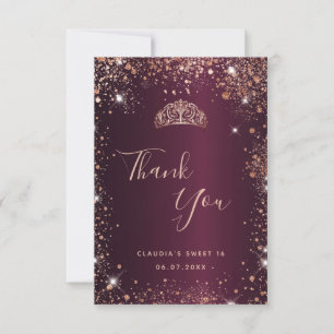 Sweet 16 carte de remerciements d'or rose bordeaux