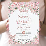 Sweet 16 Cherry Blossoms Rose Gold Butterflies Invitation<br><div class="desc">Personalize this pretty cherry blossoms Sweet 16 Sixteen birthday invitation easily and quickly. Simply click the customize it further button to edit the texts, change fonts and fonts colours. Featuring beautiful watercolor cherry blossoms flowers, rose gold butterflies and a rose gold princess crown. Matching items available in store. (c) Somerset...</div>