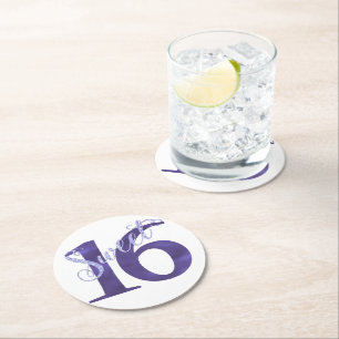 Sweet 16 Chic White and Violet Purple Watercolor Round Paper Coaster