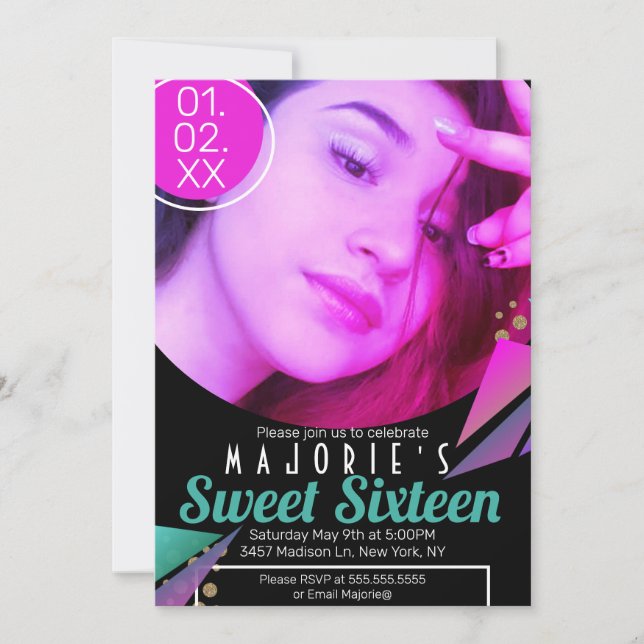 Sweet 16 Club Style Neon Party Photo Invitation (Front)