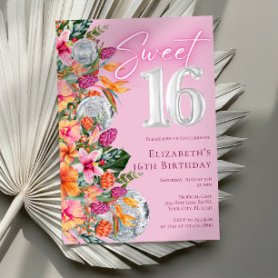Sweet 16 Colorful Tropical Flowers Disco Birthday Invitation