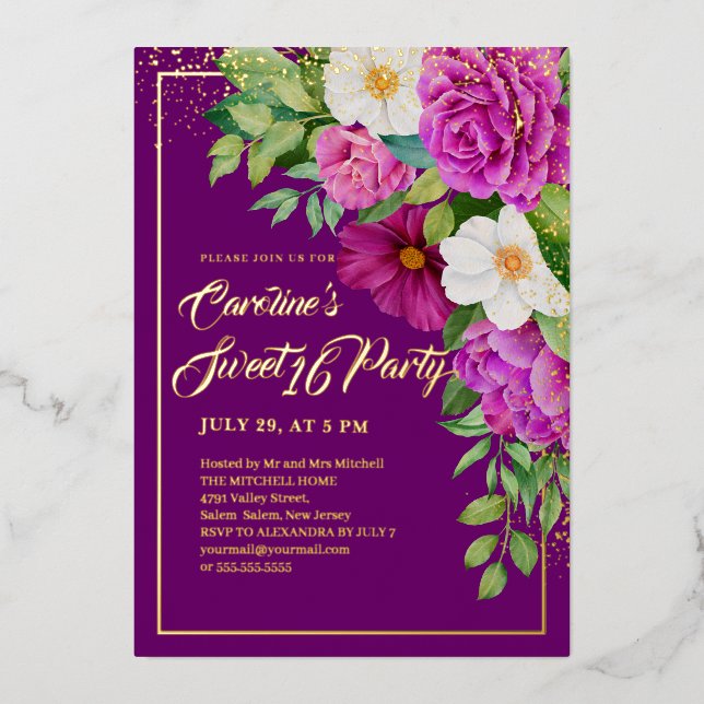Sweet 16 Colourful Floral Watercolor Purple Gold (Front)