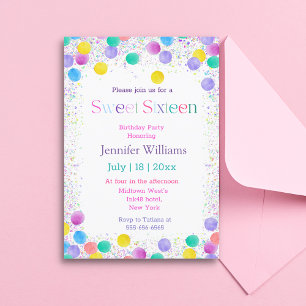 sweet 16 colourful rainbow dots sparkles fun scrip invitation