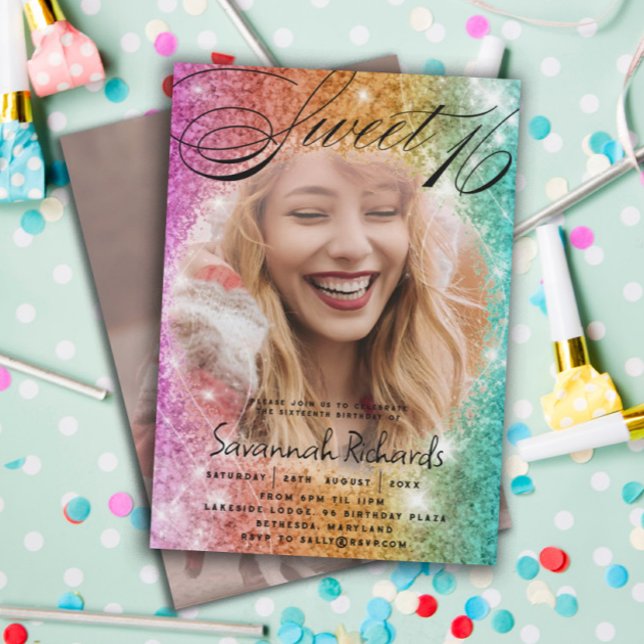 Sweet 16 Colourful Rainbow Glitter & Photo Party Invitation (Creator Uploaded)