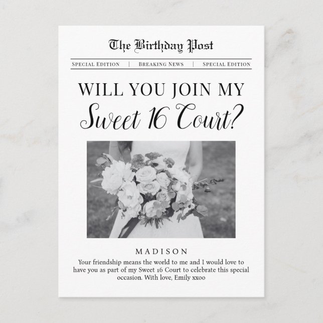 Sweet 16 Court Proposition Journal Carte postale (Devant)