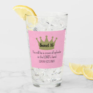 Sweet 16 Crown Bible Verse Pink and Gold Glass