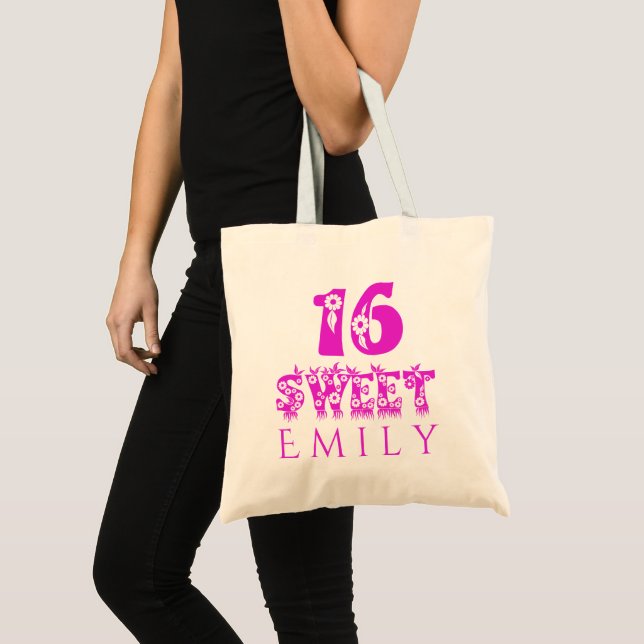 Sweet 16 Custom Name Emily Cute Floral Typography Tote Bag (Front (Product))