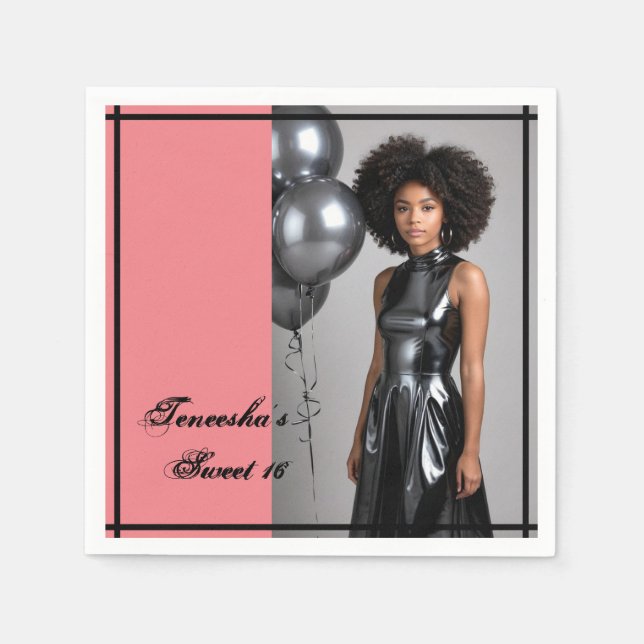 Sweet 16 Custom Photo Napkin – Pink & Black  (Front)