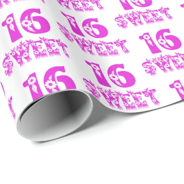 Sweet 16 Cute Floral Hot Pink Typography Wrapping Paper (Roll Corner)